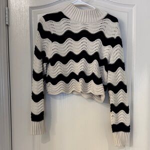 Zara Black and Cream Wave Knit Turtleneck Sweater